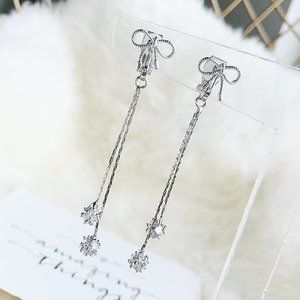 Silver Bow Ribbon with Crystal Balls Ear Clips